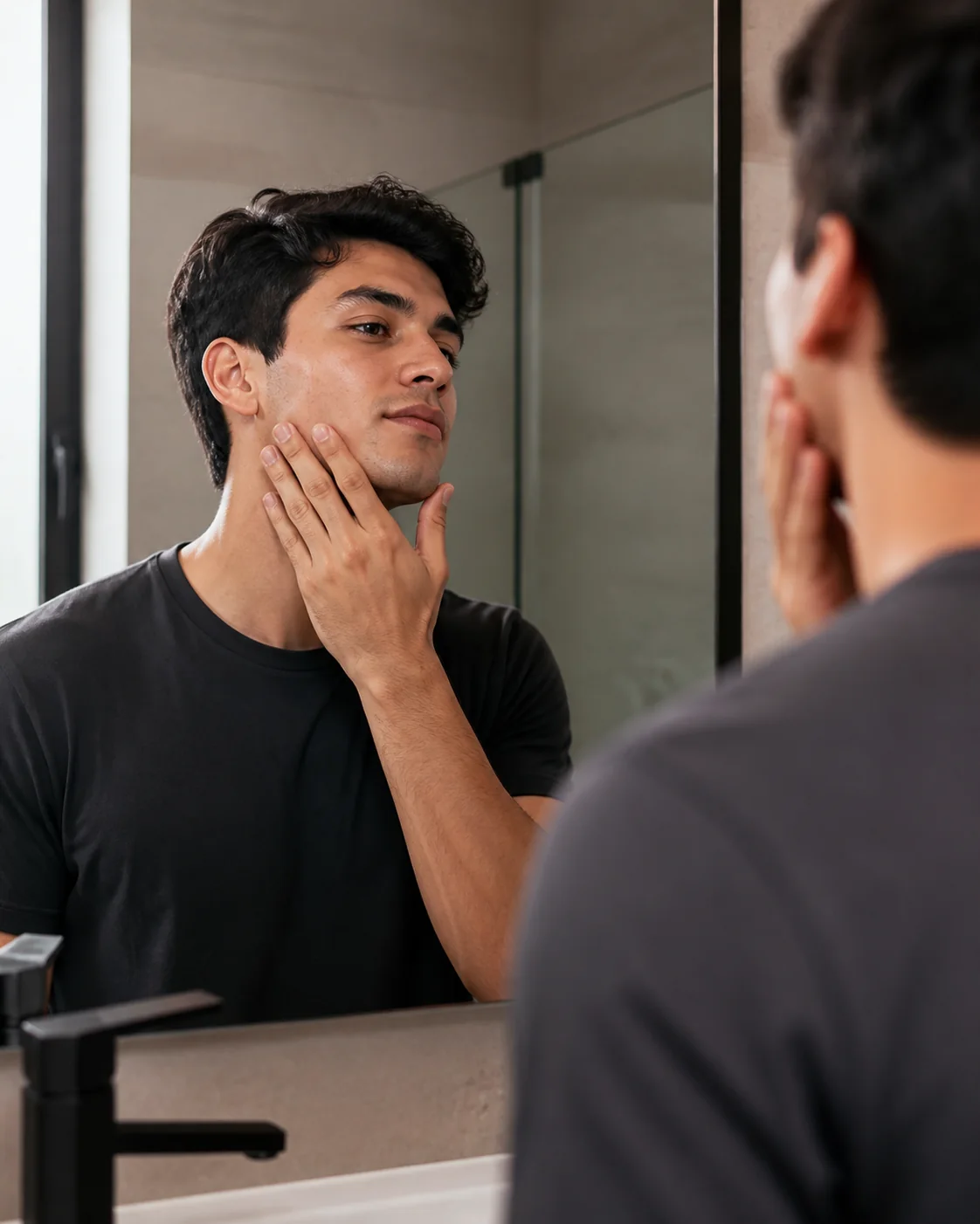 Joven cuidando su piel frente al espejo